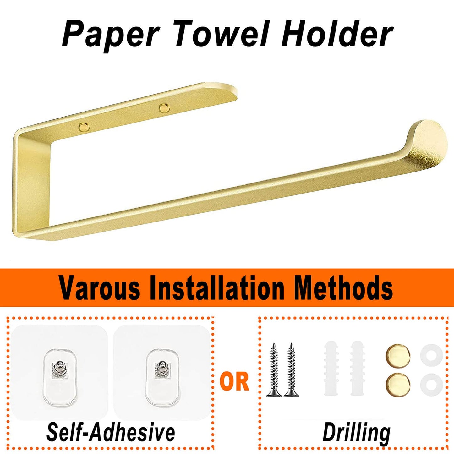 Gold Kitchen Bathroom Paper Holder Towel Holder Self Adhesive or Screw Mount 31cm