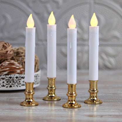 50 Pack Taper Stick White Battery Candle - Natural Flame Light Colour No Flicker - Gold Stand Base