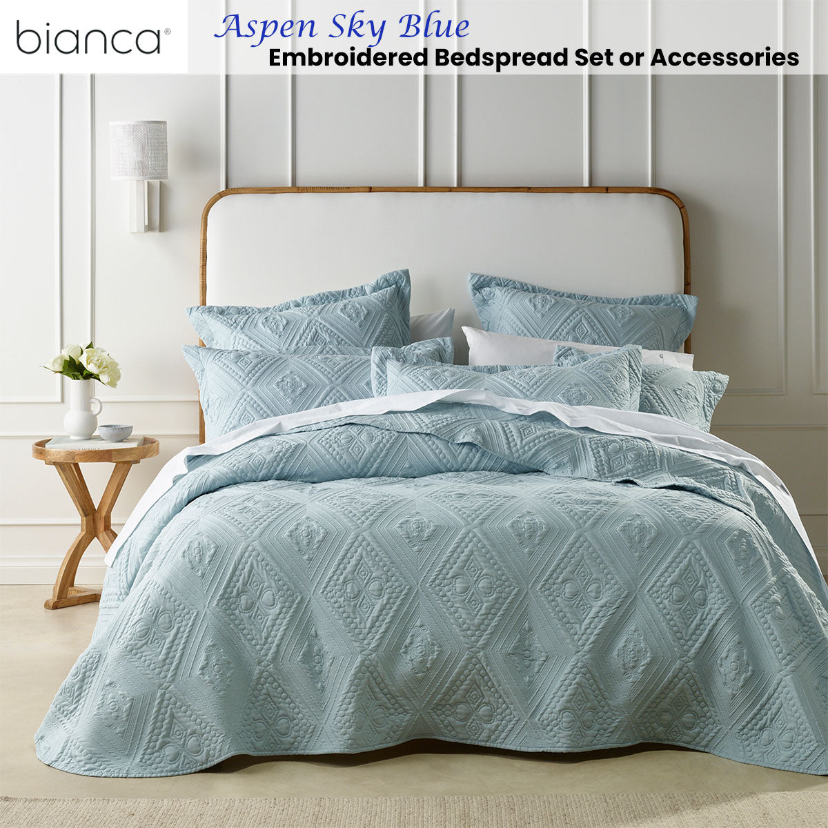 Bianca Aspen Sky Blue Embroidered Bedspread Set Double