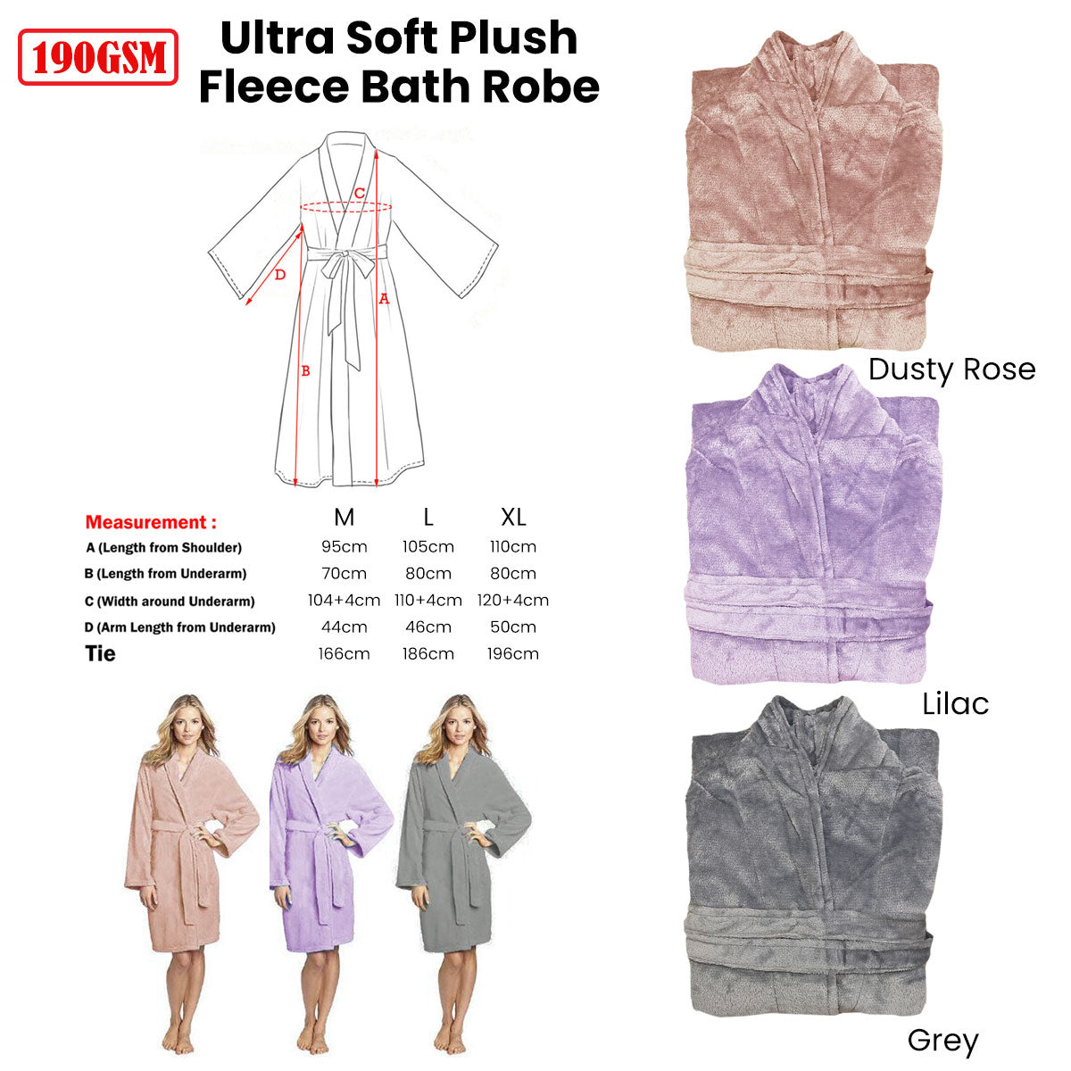 190GSM Ultra Soft Plush Fleece Bath Robe Dusty Rose L