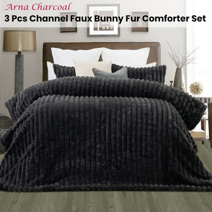 Jane Barrington Arna Charcoal 3 Pcs Channel Faux Bunny Fur Comforter Set King