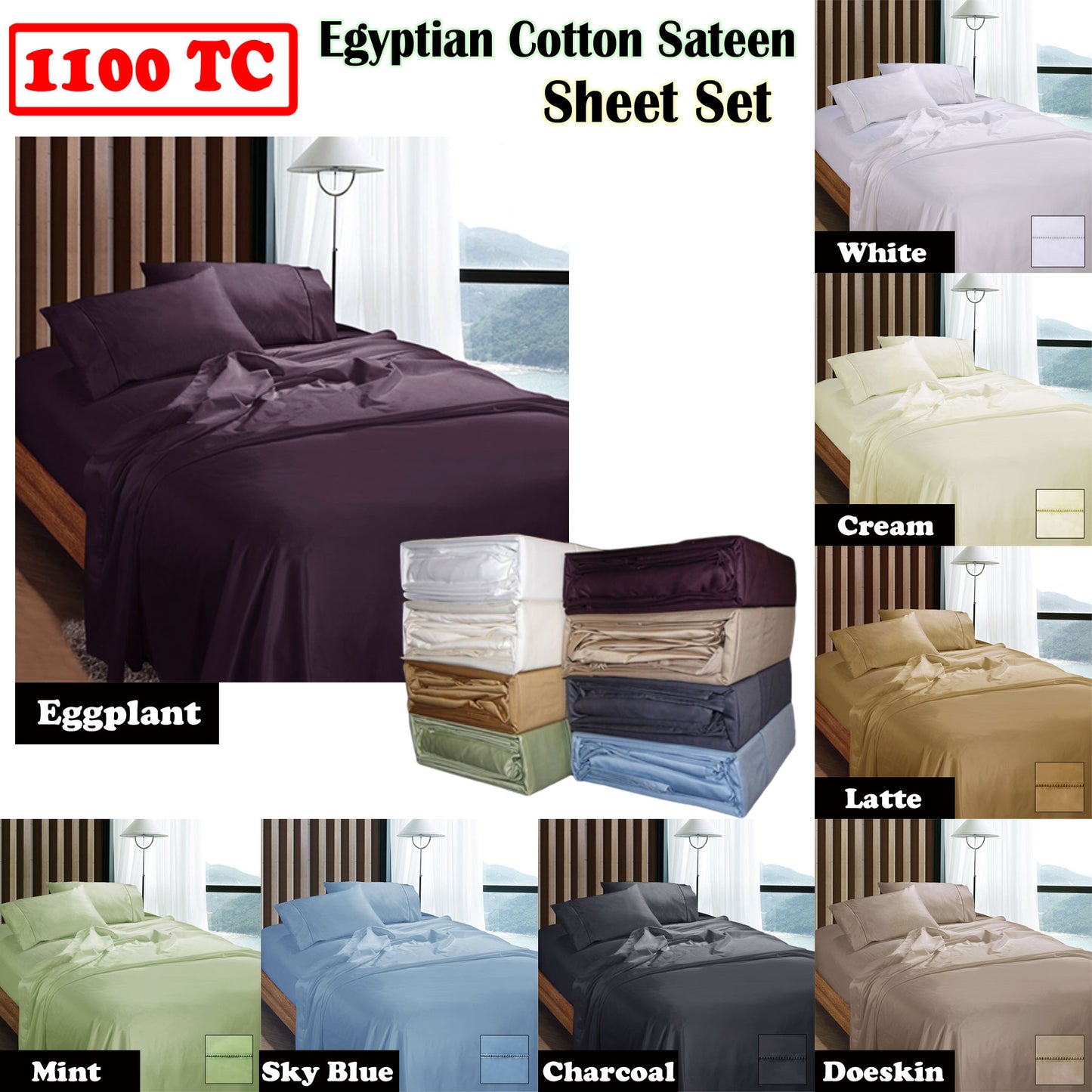 Ramesses 1100TC Egyptian Cotton Sateen Sheet Set Eggplant King